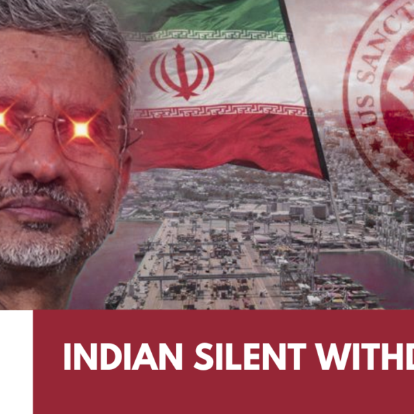 Indian and Iranian port officials at Chabahar with U.S. sanctions overlay graphic