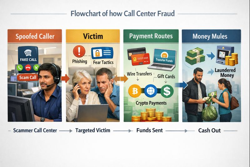 Flowchart of how call center fraud operates, from spoofed calls to payment routes
