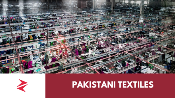 Faisalabad textile mills beneath power transmission lines contrasted with a modern garment factory production line symbolizing Pakistan’s export competitiveness debate.