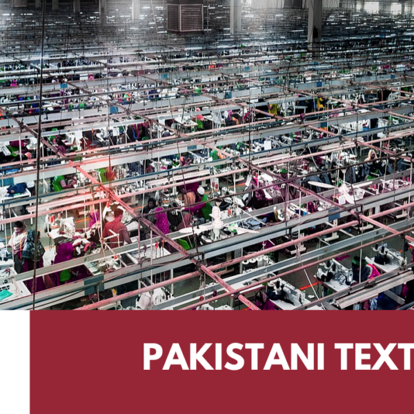 Faisalabad textile mills beneath power transmission lines contrasted with a modern garment factory production line symbolizing Pakistan’s export competitiveness debate.