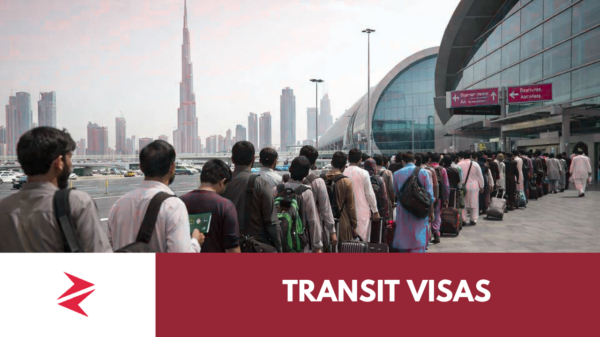 VFS Global notice suspending 48- and 96-hour UAE transit visas for Pakistani nationals beside an empty Dubai airport terminal