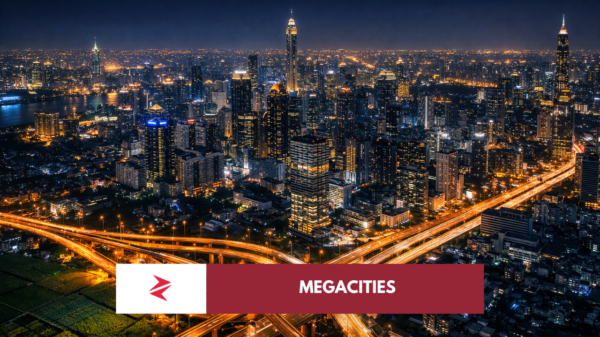 Megacity skyline at night contrasted with distant agricultural fields and supply trucks highlighting urban dependence on farmland.