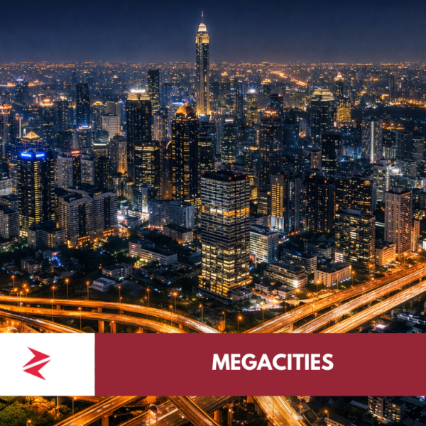 Megacity skyline at night contrasted with distant agricultural fields and supply trucks highlighting urban dependence on farmland.