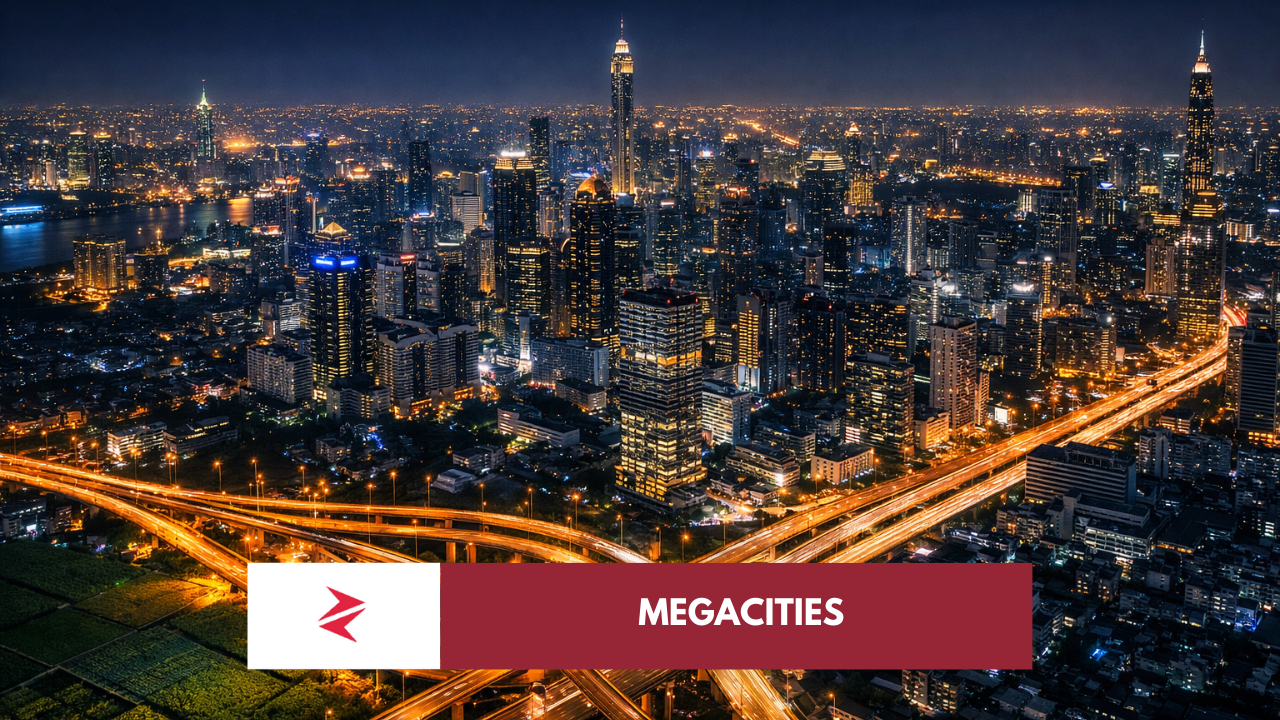 Megacity skyline at night contrasted with distant agricultural fields and supply trucks highlighting urban dependence on farmland.