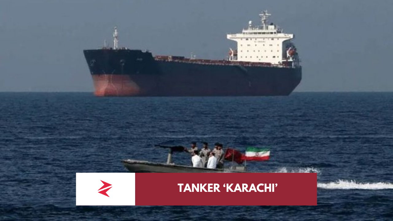 Pakistani Aframax tanker Karachi transiting the Strait of Hormuz during Iran-Israel conflict maritime tensions.