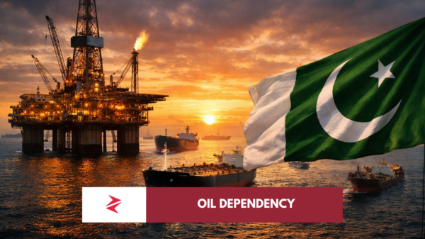 Megacities at night alongside oil tankers and refinery infrastructure symbolizing the fossil energy foundation of modern civilization