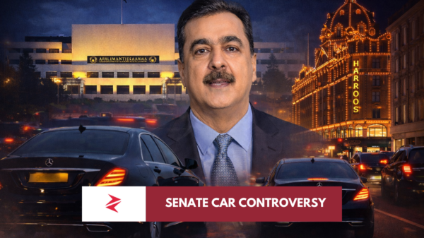 Luxury government vehicle outside Parliament House Islamabad during debate over Rs90 million Senate car purchase.