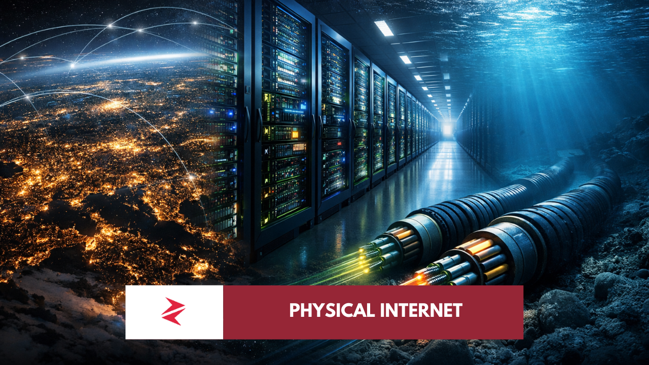Satellite night view of global megacities combined with large server racks and fiber-optic infrastructure representing the physical backbone of the digital economy.
