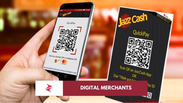 Pakistani merchant counter showing cash transactions alongside QR digital payment scanner representing fintech transition.