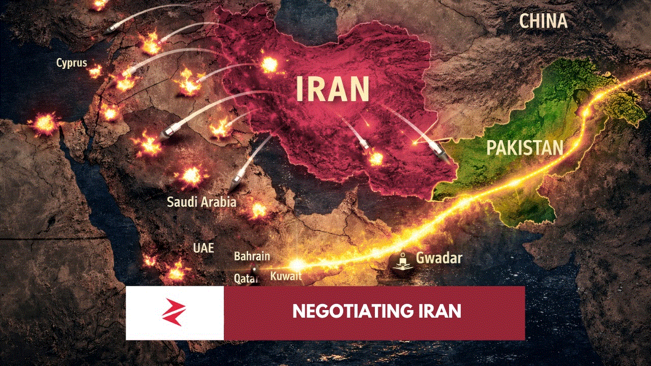 Map showing Iran’s regional strikes across Middle East while Pakistan remains untouched near CPEC corridor and Gwadar port