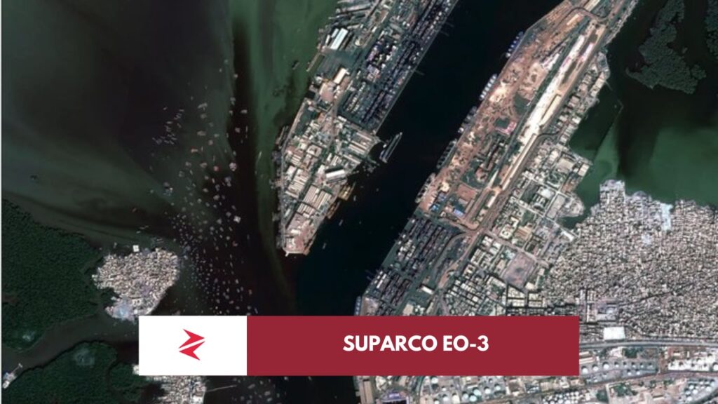 Pakistan EO-3 imaging satellite in orbit beside first released high-resolution Karachi Port image captured by SUPARCO