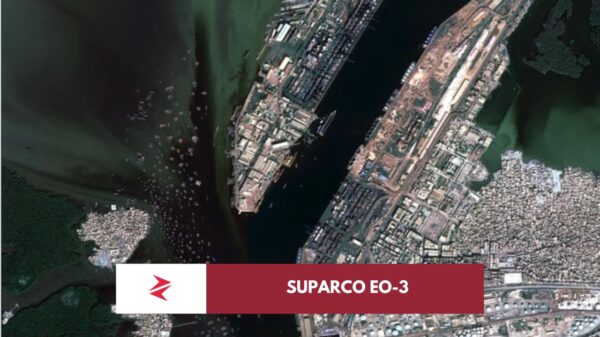 Pakistan EO-3 imaging satellite in orbit beside first released high-resolution Karachi Port image captured by SUPARCO