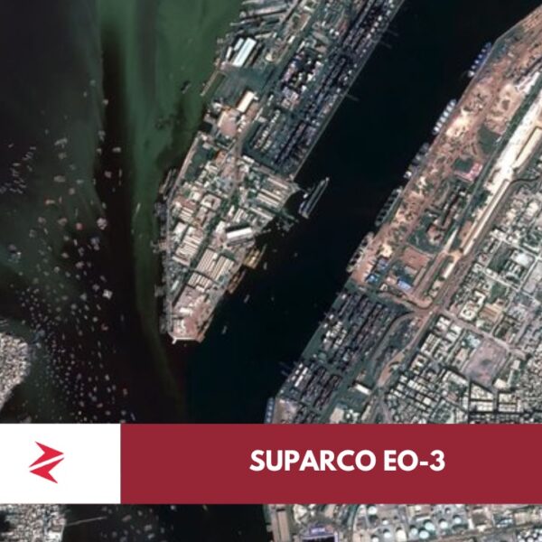Pakistan EO-3 imaging satellite in orbit beside first released high-resolution Karachi Port image captured by SUPARCO