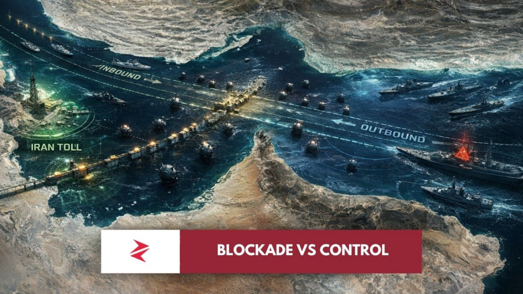Satellite view of Strait of Hormuz showing shipping lanes, naval blockade barriers, symbolic sea mines, and competing US and Iran toll control zones