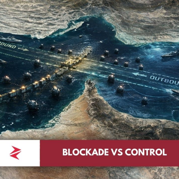 Satellite view of Strait of Hormuz showing shipping lanes, naval blockade barriers, symbolic sea mines, and competing US and Iran toll control zones