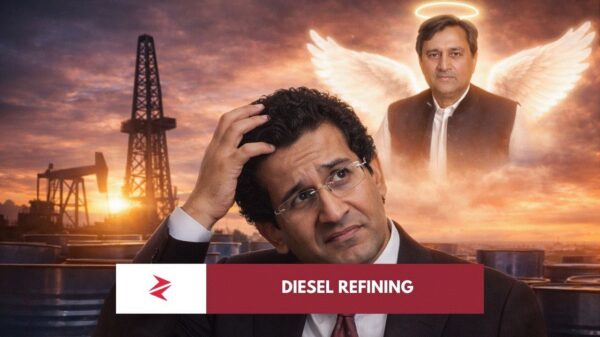 Oil refinery flare stacks and diesel transport trucks in Pakistan amid rising fuel price crisis