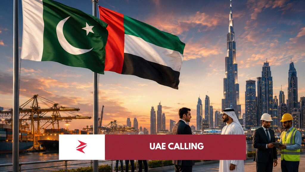 Pakistan and UAE flags with Dubai skyline and Karachi port symbolizing stronger Pakistan UAE economic ties.