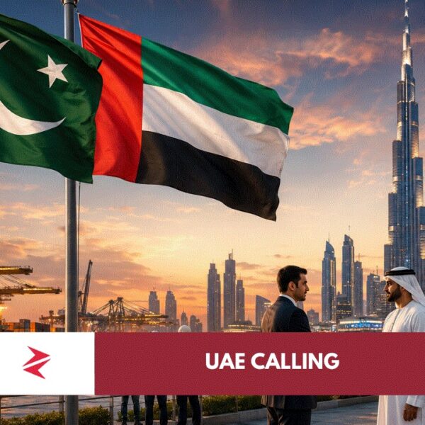 Pakistan and UAE flags with Dubai skyline and Karachi port symbolizing stronger Pakistan UAE economic ties.