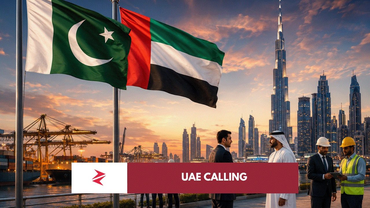 Pakistan and UAE flags with Dubai skyline and Karachi port symbolizing stronger Pakistan UAE economic ties.
