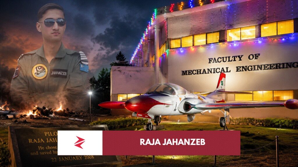 Tribute aircraft monument outside GIKI Faculty of Mechanical Engineering honoring Pilot Officer Raja Jahanzeb Shaheed