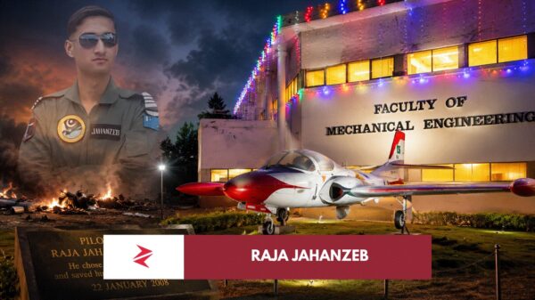 Tribute aircraft monument outside GIKI Faculty of Mechanical Engineering honoring Pilot Officer Raja Jahanzeb Shaheed