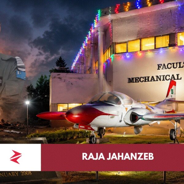 Tribute aircraft monument outside GIKI Faculty of Mechanical Engineering honoring Pilot Officer Raja Jahanzeb Shaheed