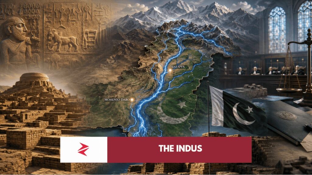 Indus River flowing through Pakistan with Kashmir headwaters and Court of Arbitration symbolism over Indus Waters Treaty dispute