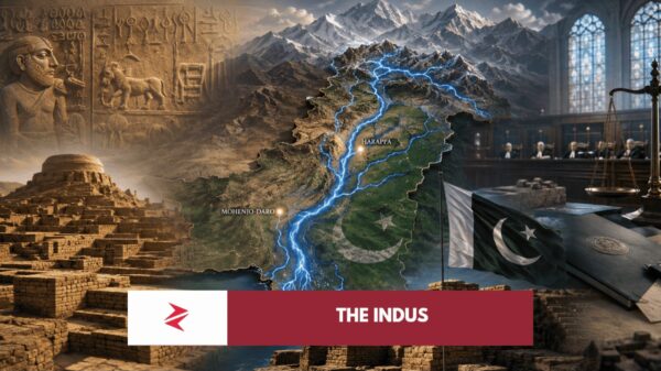 Indus River flowing through Pakistan with Kashmir headwaters and Court of Arbitration symbolism over Indus Waters Treaty dispute