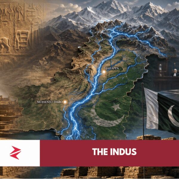 Indus River flowing through Pakistan with Kashmir headwaters and Court of Arbitration symbolism over Indus Waters Treaty dispute