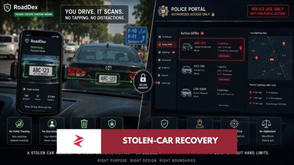 RoadDex APB concept showing passive number plate scanning for stolen vehicle recovery through a police-controlled alert system in Pakistan