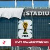 Covered Levi’s Stadium logo during FIFA World Cup 2026 clean-stadium branding restrictions in Santa Clara.