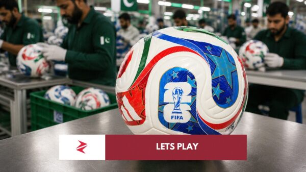 Pakistani workers in Sialkot manufacturing the Adidas Trionda official match ball for FIFA World Cup 2026.
