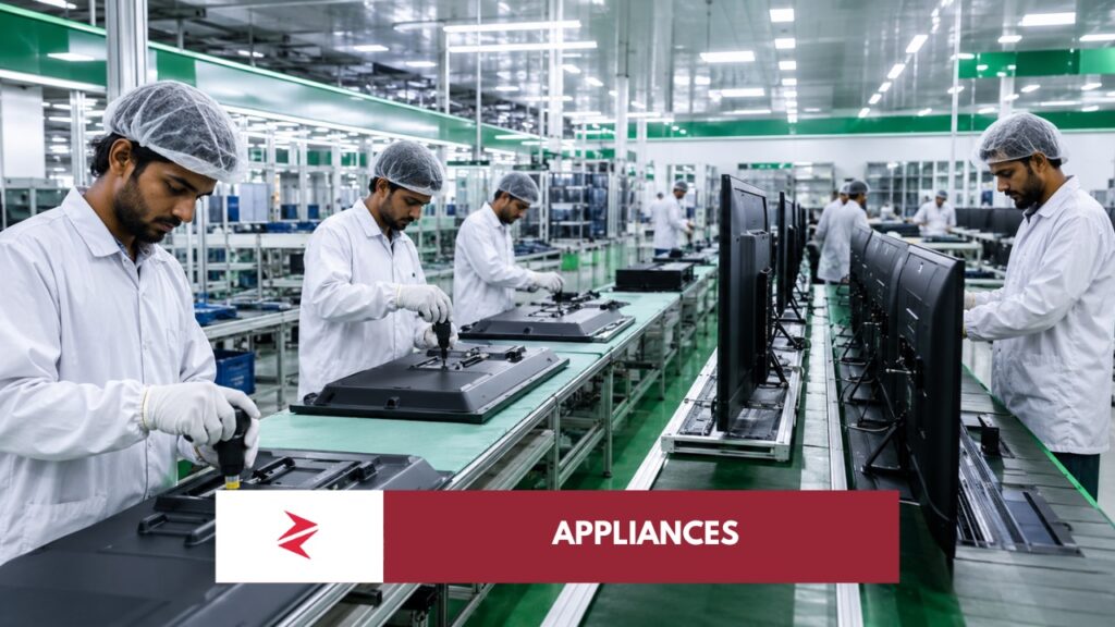 Pakistani technicians assembling Samsung-style televisions at a Karachi electronics manufacturing plant under Make in Pakistan industrial policy