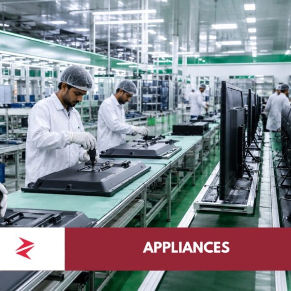 Pakistani technicians assembling Samsung-style televisions at a Karachi electronics manufacturing plant under Make in Pakistan industrial policy