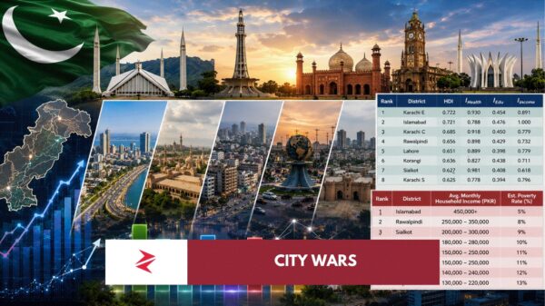 Pakistan cities comparison showing HDI rankings, household income levels and quality of life indicators in Islamabad, Lahore, Karachi and Rawalpindi