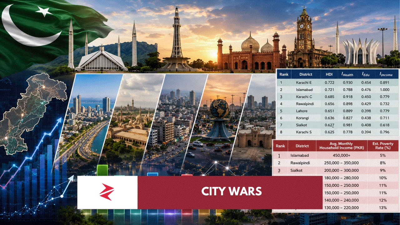 Pakistan cities comparison showing HDI rankings, household income levels and quality of life indicators in Islamabad, Lahore, Karachi and Rawalpindi