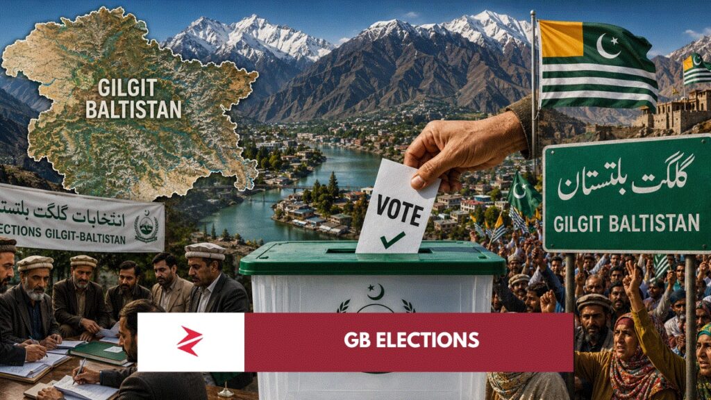 Voters in Gilgit-Baltistan participating in elections under Pakistan-administered governance with Karakoram mountains in the background