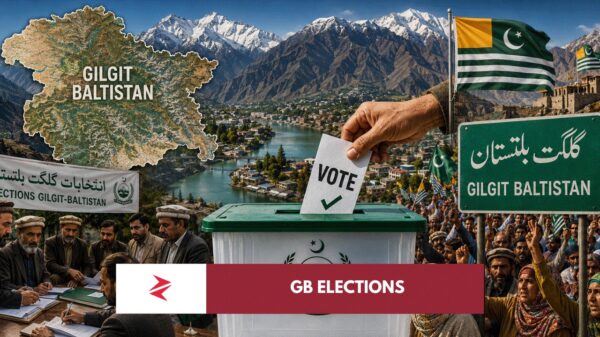 Voters in Gilgit-Baltistan participating in elections under Pakistan-administered governance with Karakoram mountains in the background