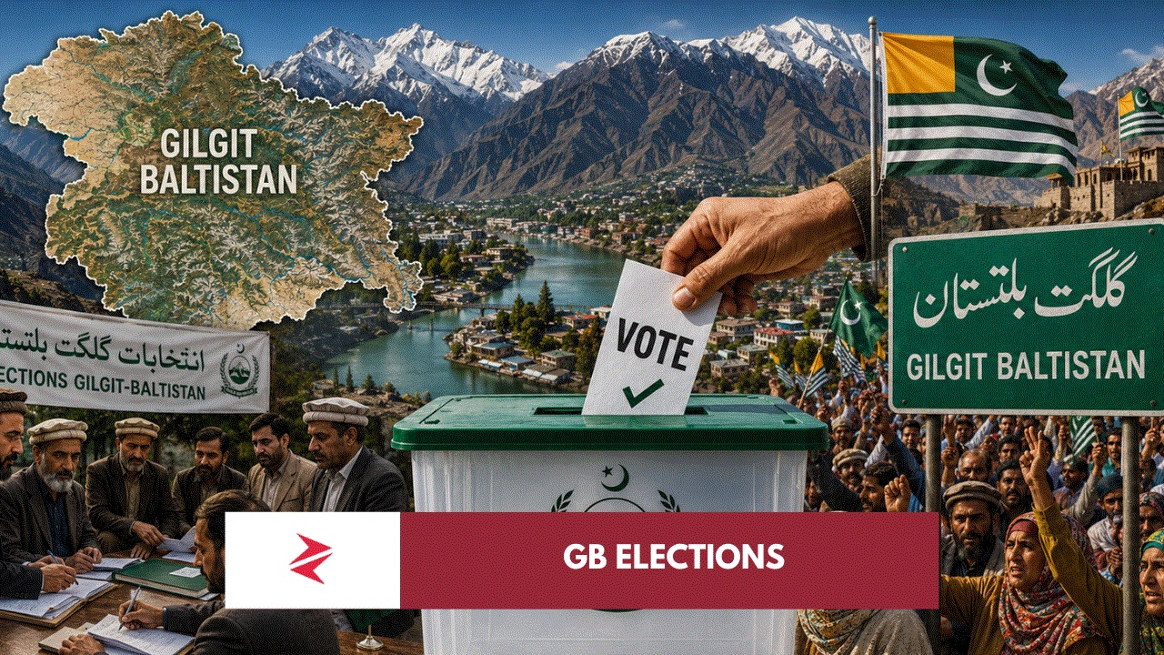 Voters in Gilgit-Baltistan participating in elections under Pakistan-administered governance with Karakoram mountains in the background