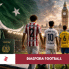 Pakistani diaspora footballers walking toward a national team pitch as Pakistan football rebuilds through global recruitment.
