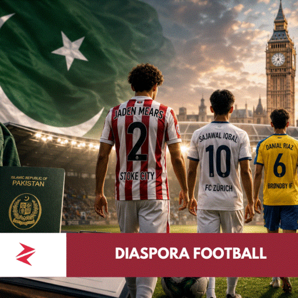 Pakistani diaspora footballers walking toward a national team pitch as Pakistan football rebuilds through global recruitment.
