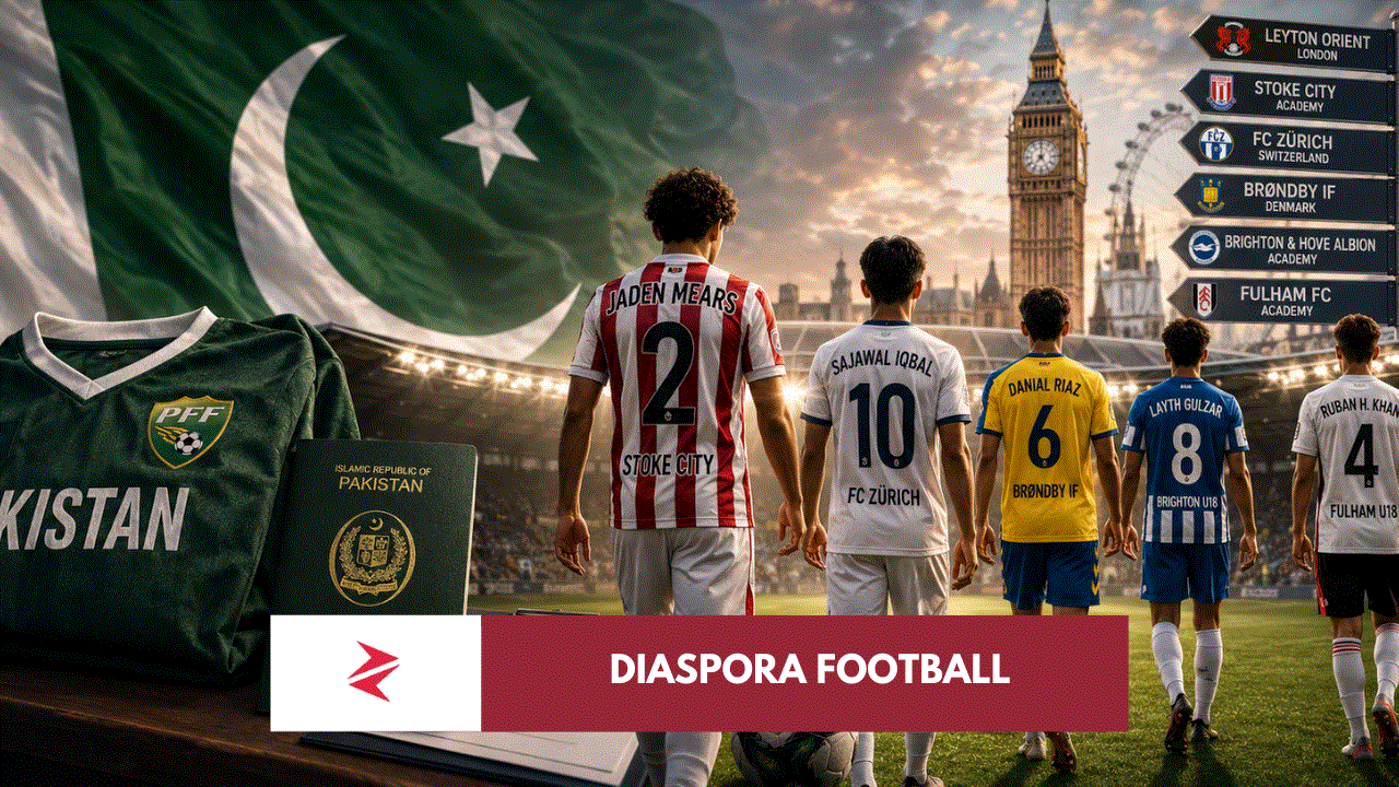 Pakistani diaspora footballers walking toward a national team pitch as Pakistan football rebuilds through global recruitment.