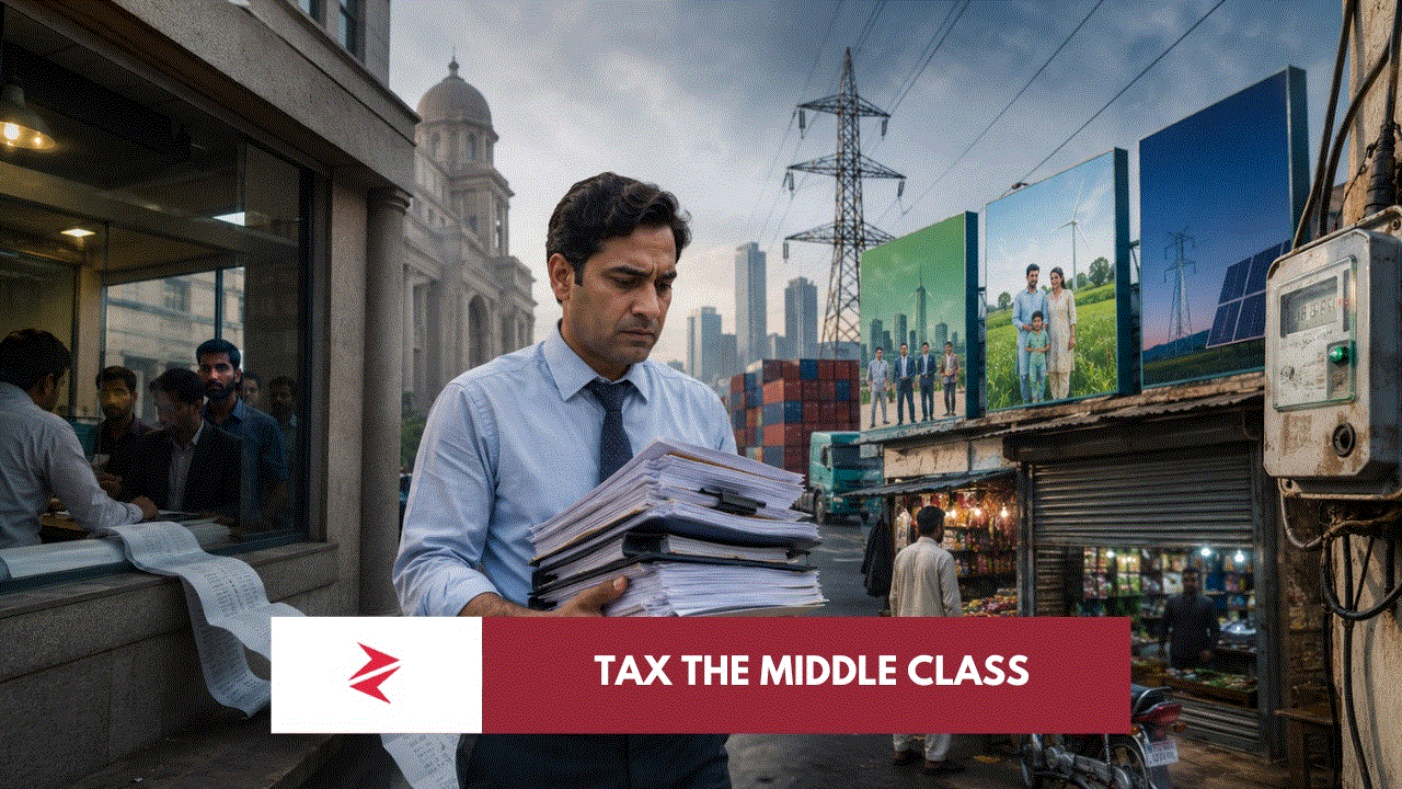 Pakistani salaried class carrying tax burden while PML-N manifesto promises on inflation, jobs, exports and electricity remain under scrutiny.