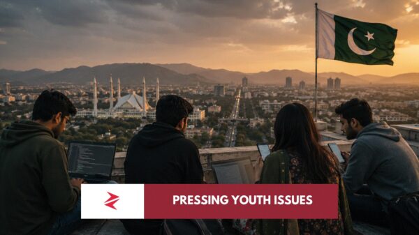 Pakistani university students using laptops and smartphones while overlooking Islamabad, representing youth resilience, digital ambition and political disengagement.