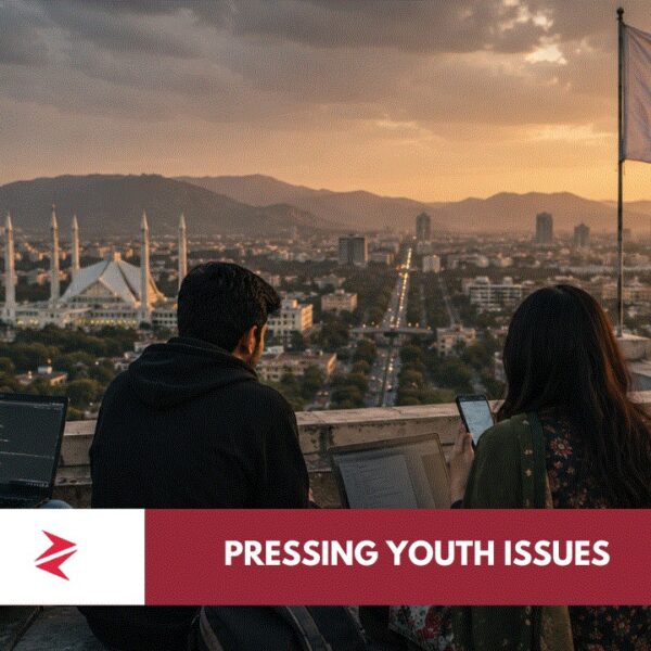 Pakistani university students using laptops and smartphones while overlooking Islamabad, representing youth resilience, digital ambition and political disengagement.