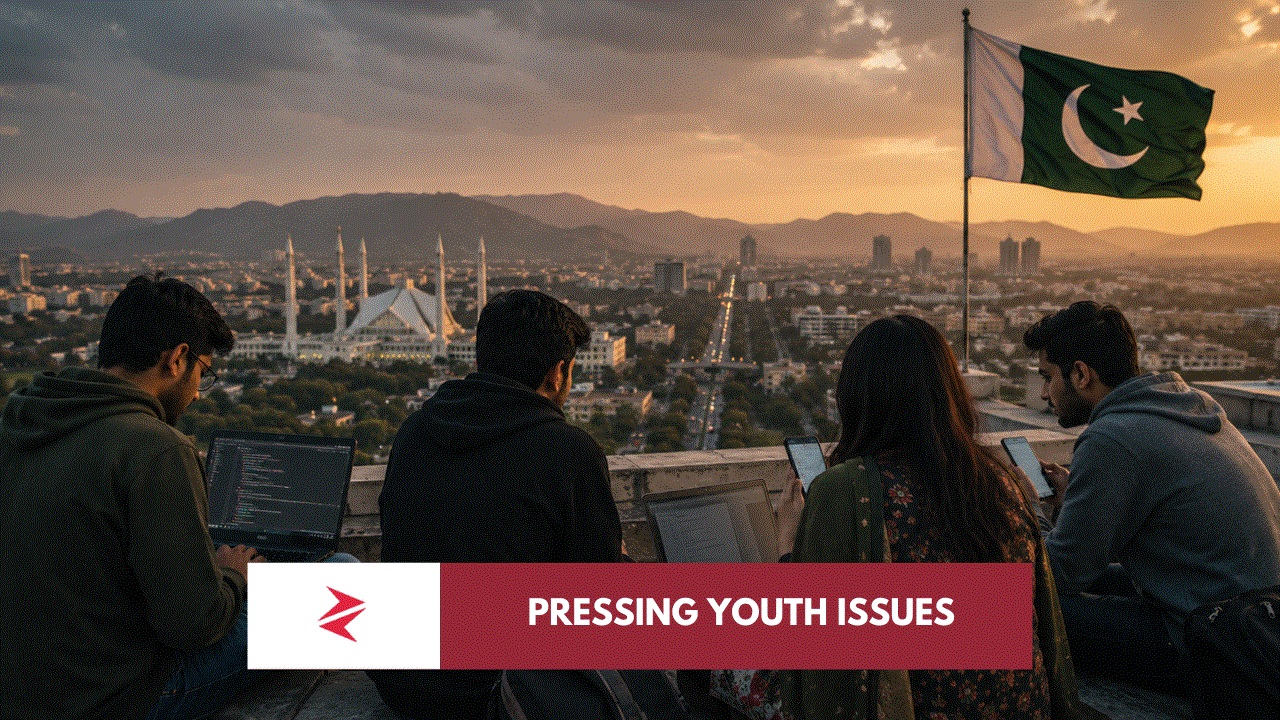 Pakistani university students using laptops and smartphones while overlooking Islamabad, representing youth resilience, digital ambition and political disengagement.
