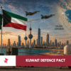 Pakistan and Kuwait flags beside air-defence systems, energy facilities and the Strait of Hormuz during defence pact negotiations.