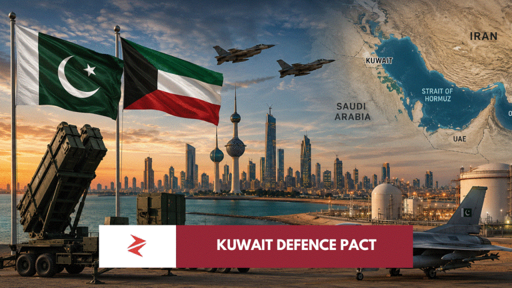 Pakistan and Kuwait flags beside air-defence systems, energy facilities and the Strait of Hormuz during defence pact negotiations.