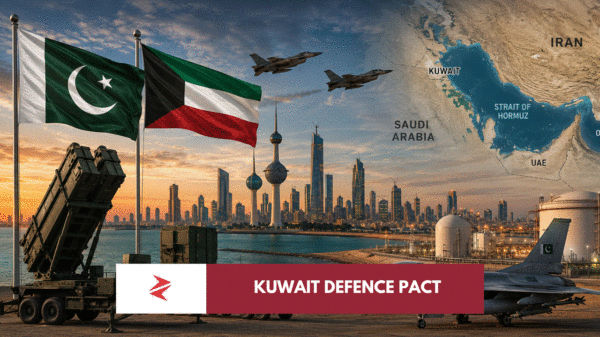 Pakistan and Kuwait flags beside air-defence systems, energy facilities and the Strait of Hormuz during defence pact negotiations.
