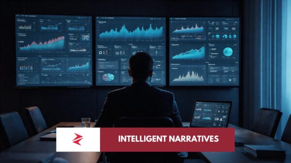Business executive analysing multiple business intelligence dashboards while trying to convert data into confident decisions.